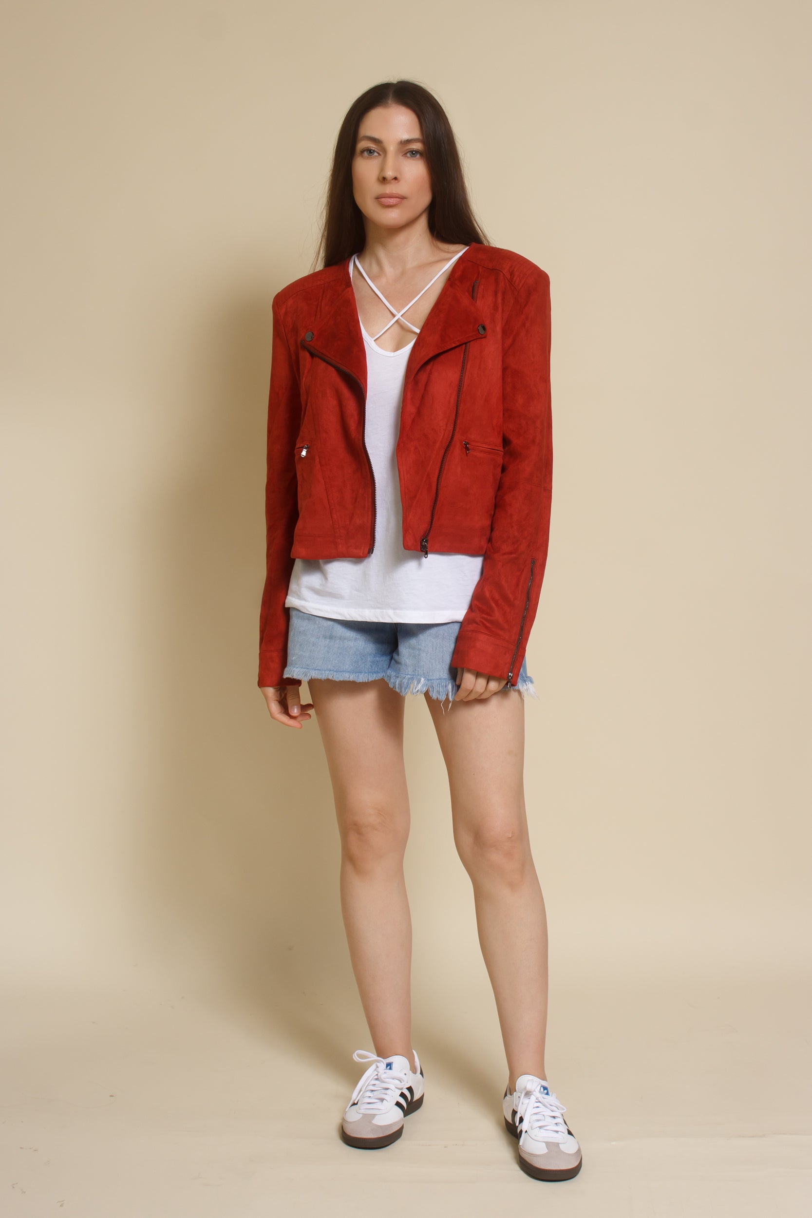 Fate faux suede moto jacket, in rust.