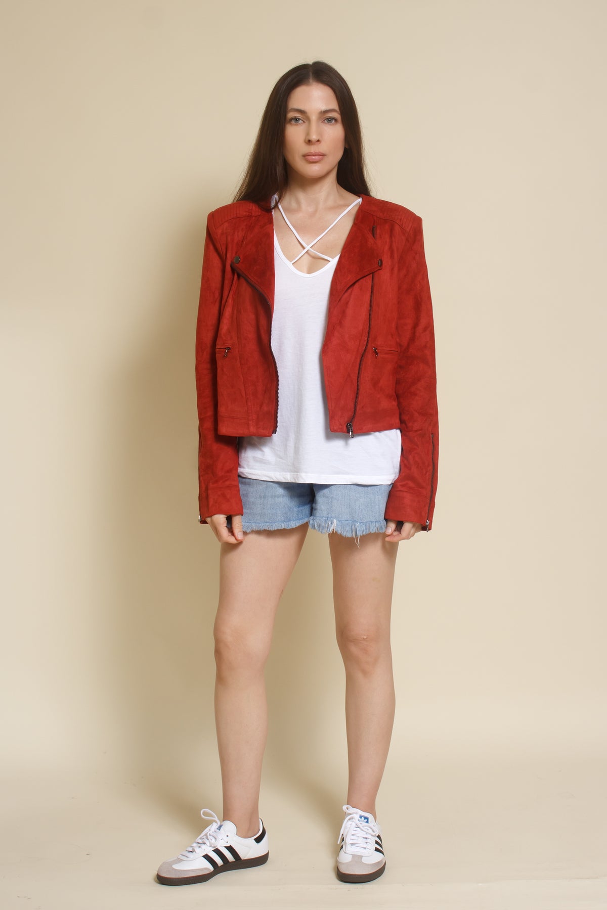 Fate faux suede moto jacket, in rust.
