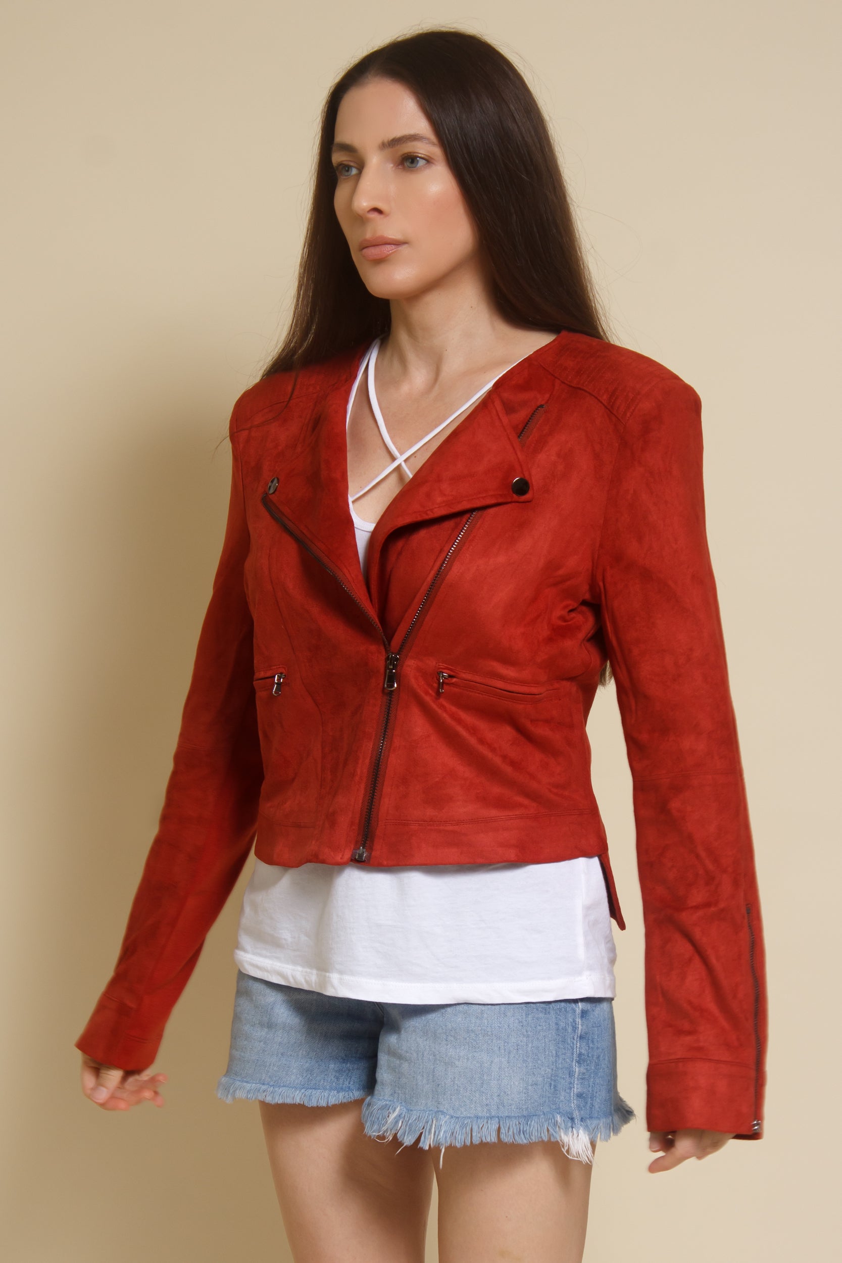 Fate faux suede moto jacket, in rust.