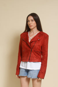 Fate faux suede moto jacket, in rust.