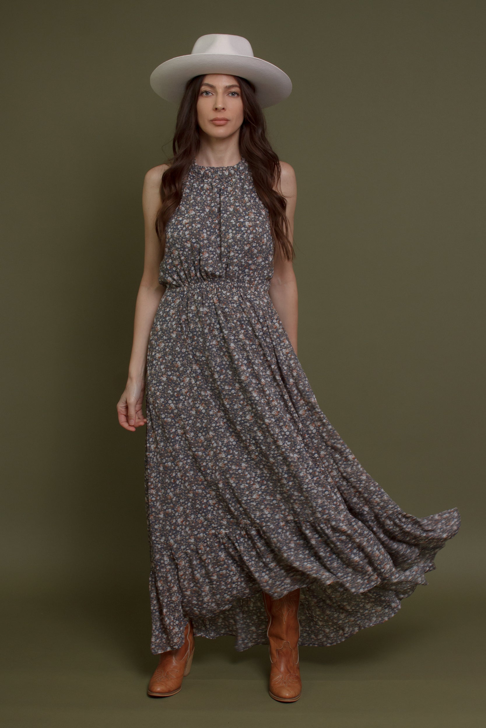 Floral halter maxi dress, in slate blue.