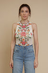 Floral mesh bodysuit, in cream.