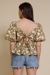 Free The Roses floral tie back peplum top, in tan.