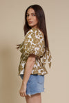 Free The Roses floral tie back peplum top, in tan.