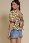 Free The Roses floral tie back peplum top, in tan.