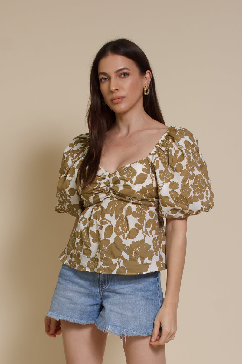 Free The Roses floral tie back peplum top, in tan.