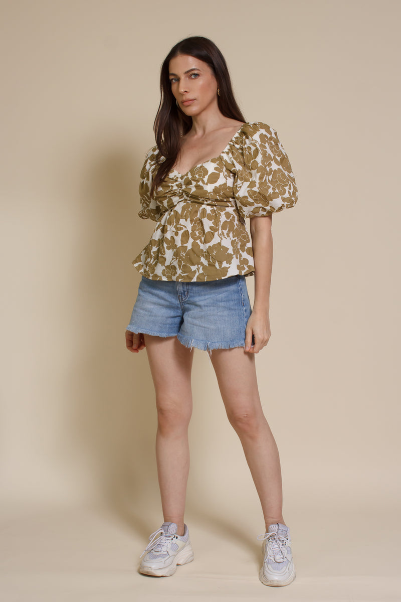 Free The Roses floral tie back peplum top, in tan.