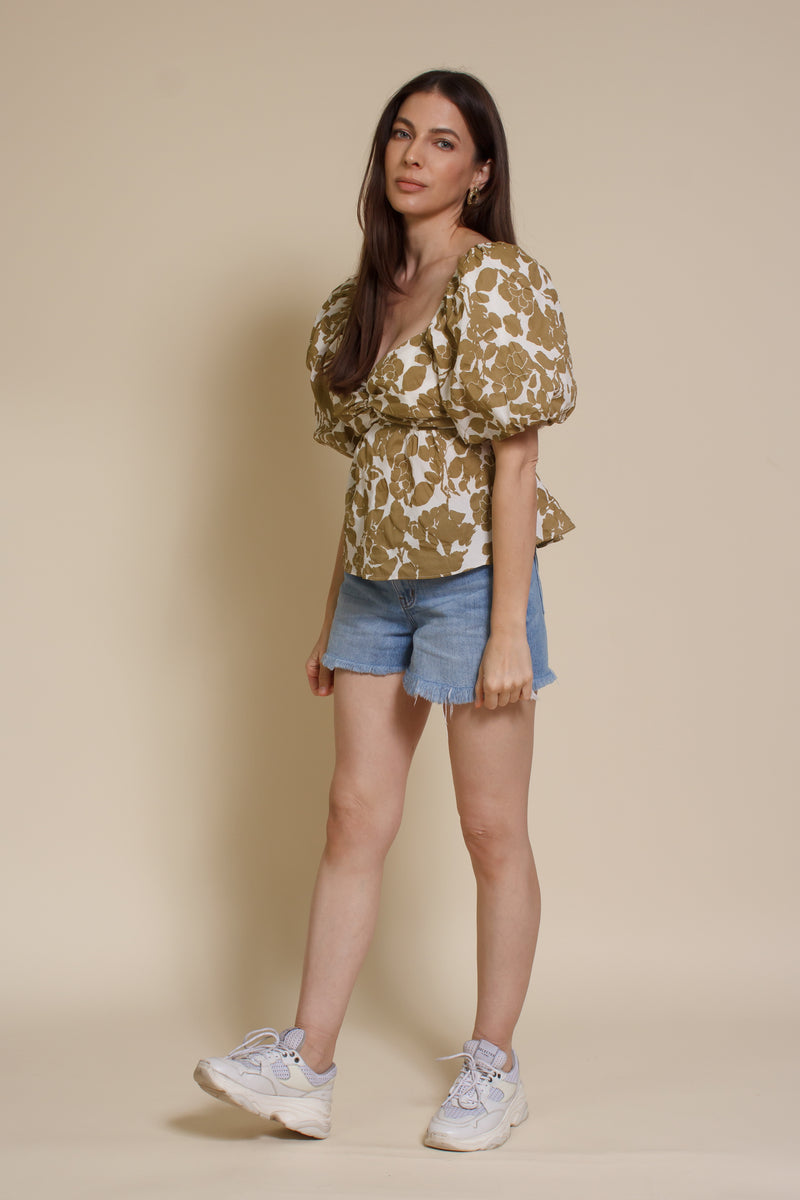 Free The Roses floral tie back peplum top, in tan.