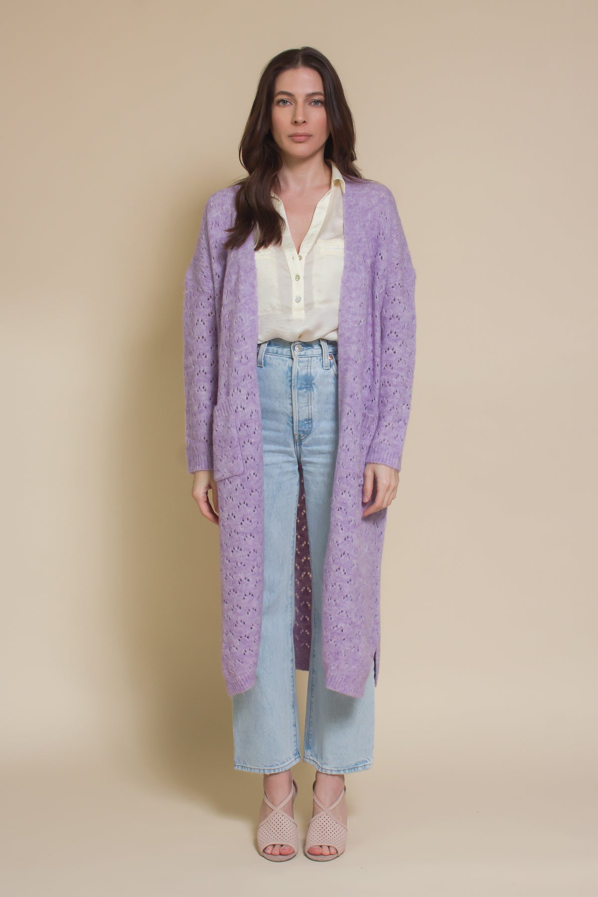 Frnch pointelle long cardigan, in lilac.