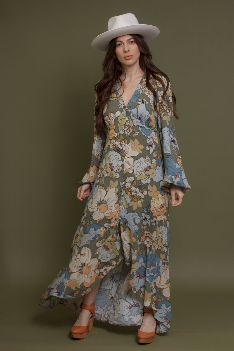 Long sleeve, button front floral maxi dress, in smoke green.