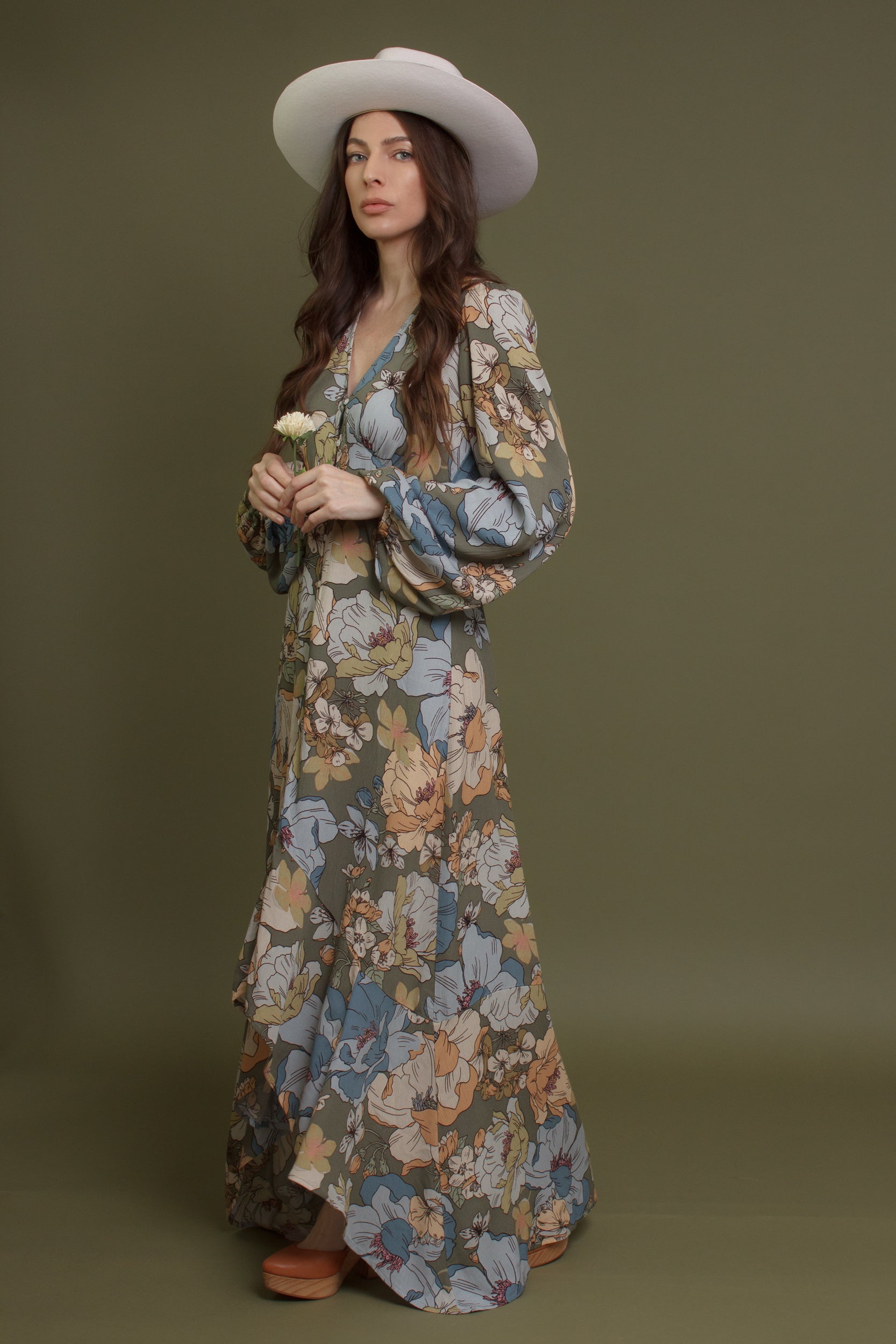 Long sleeve, button front floral maxi dress, in smoke green.