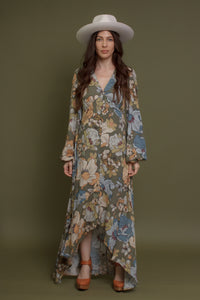 Long sleeve, button front floral maxi dress, in smoke green.