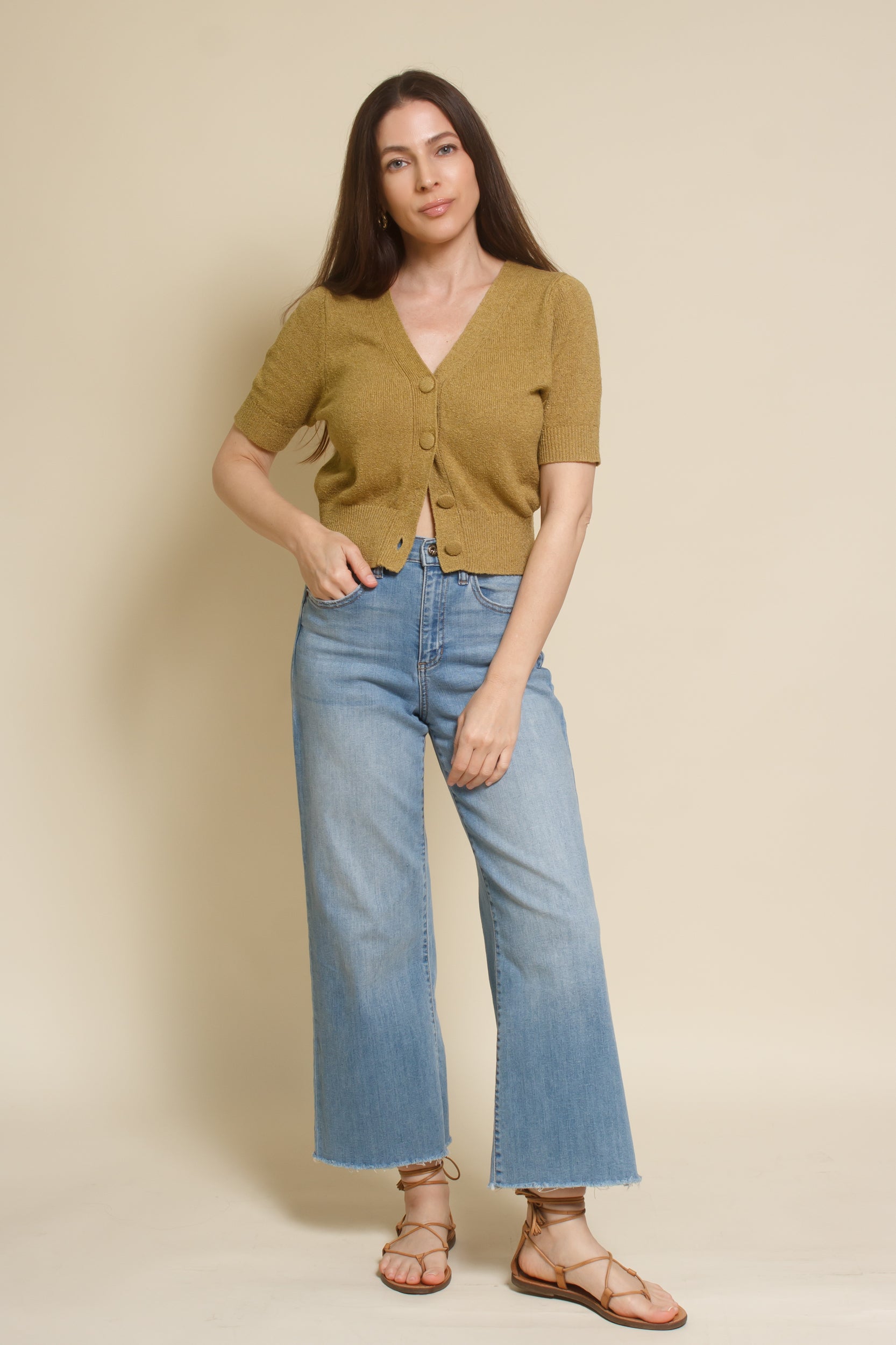 Hyfve short sleeve cardigan, in golden lime.