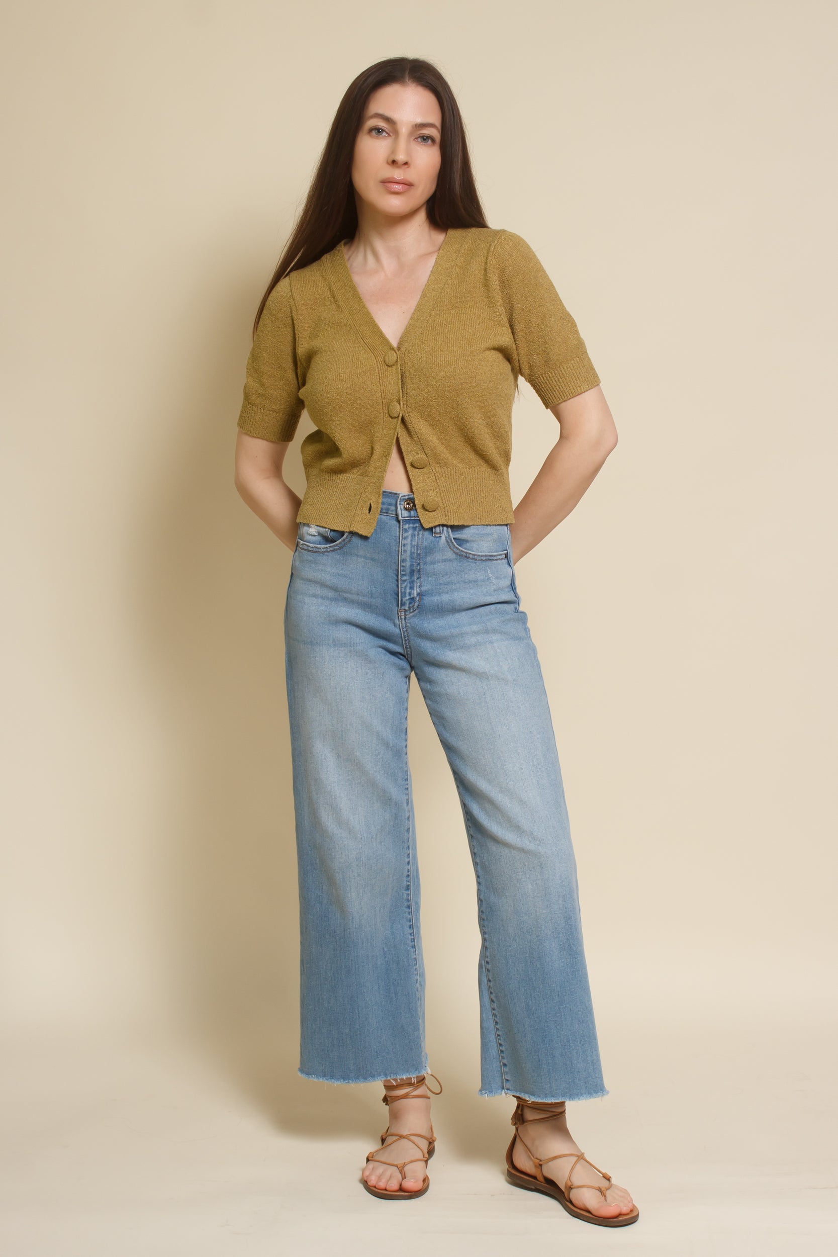 Hyfve short sleeve cardigan, in golden lime.