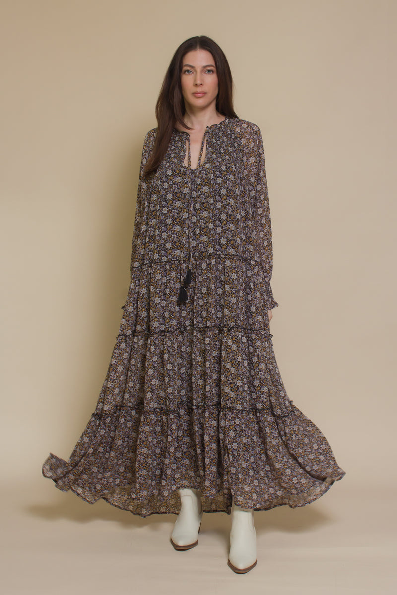 In loom, floral boho maxi dress, in black floral.