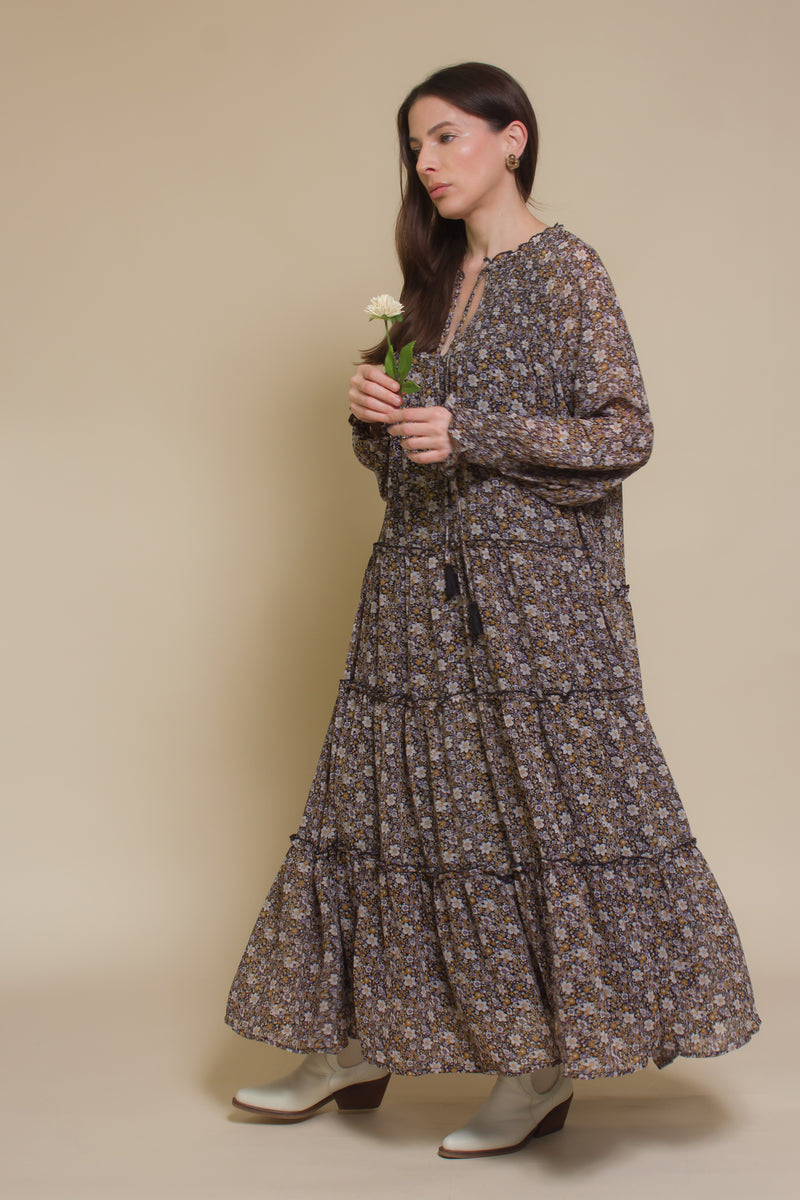 In loom, floral boho maxi dress, in black floral.