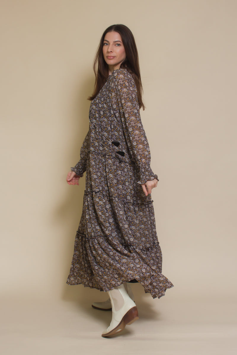 In loom, floral boho maxi dress, in black floral.