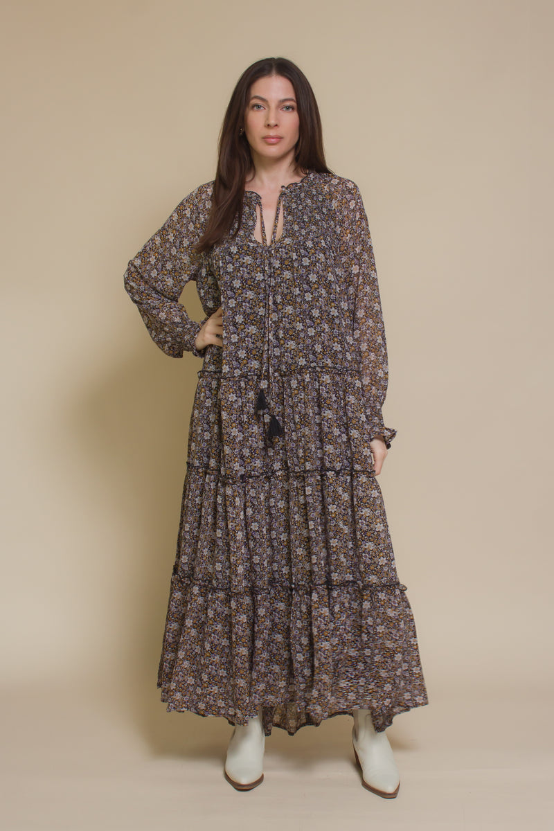 In loom, floral boho maxi dress, in black floral.