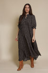 In Loom floral puff sleeve button front midi dress. Color: Black Floral