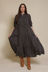 In Loom floral puff sleeve button front midi dress. Color: Black Floral