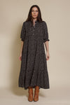 In Loom floral puff sleeve button front midi dress. Color: Black Floral