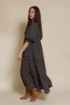 In Loom floral puff sleeve button front midi dress. Color: Black Floral