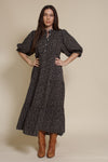 In Loom floral puff sleeve button front midi dress. Color: Black Floral