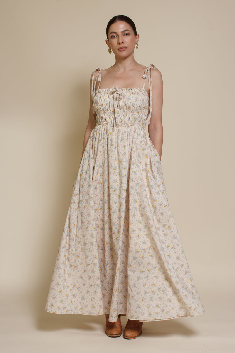 In Loom floral maxi dress with tie straps, in vintage cream.