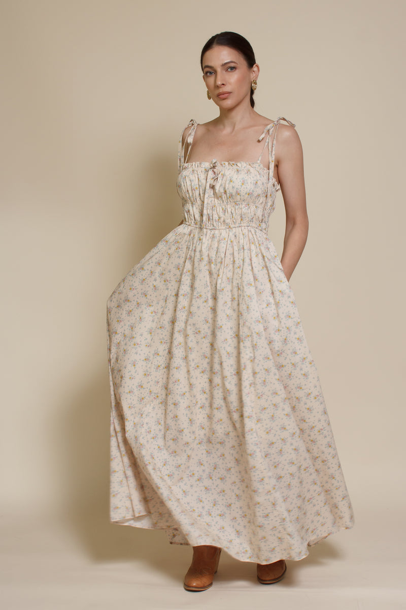 In Loom floral maxi dress with tie straps, in vintage cream.