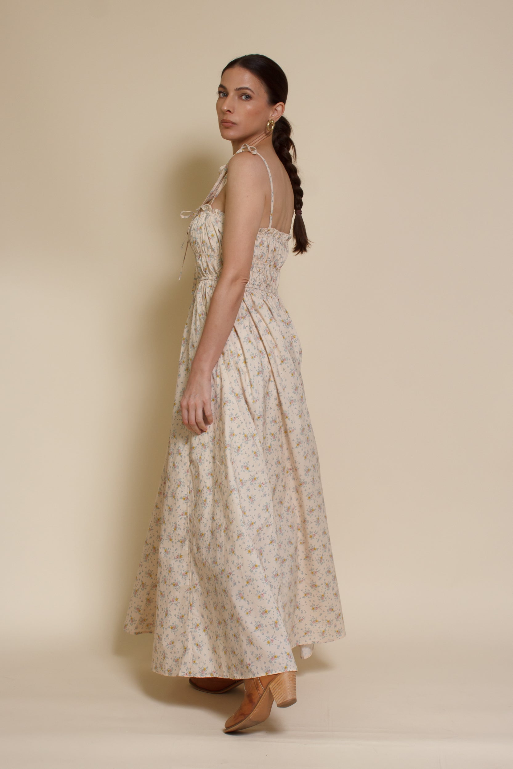 Miss Rosier Neutral Midi Dress Valeria Midi Dress In Yellow Floral Floral Print Buttoned Front Slit Miss Rosier Neutral Midi Dress Valeria Midi Dress In Yellow Floral Floral Print Buttoned Front Slit