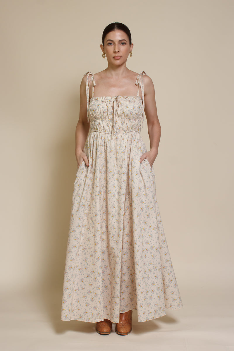 In Loom floral maxi dress with tie straps, in vintage cream.