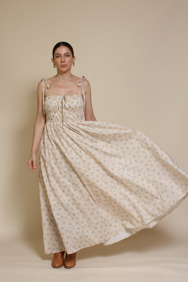 In Loom floral maxi dress with tie straps, in vintage cream.