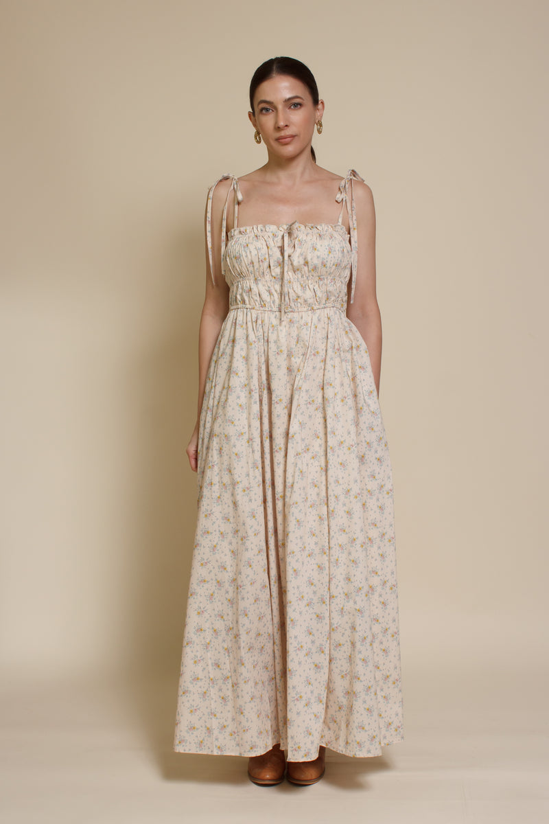 In Loom floral maxi dress with tie straps, in vintage cream.