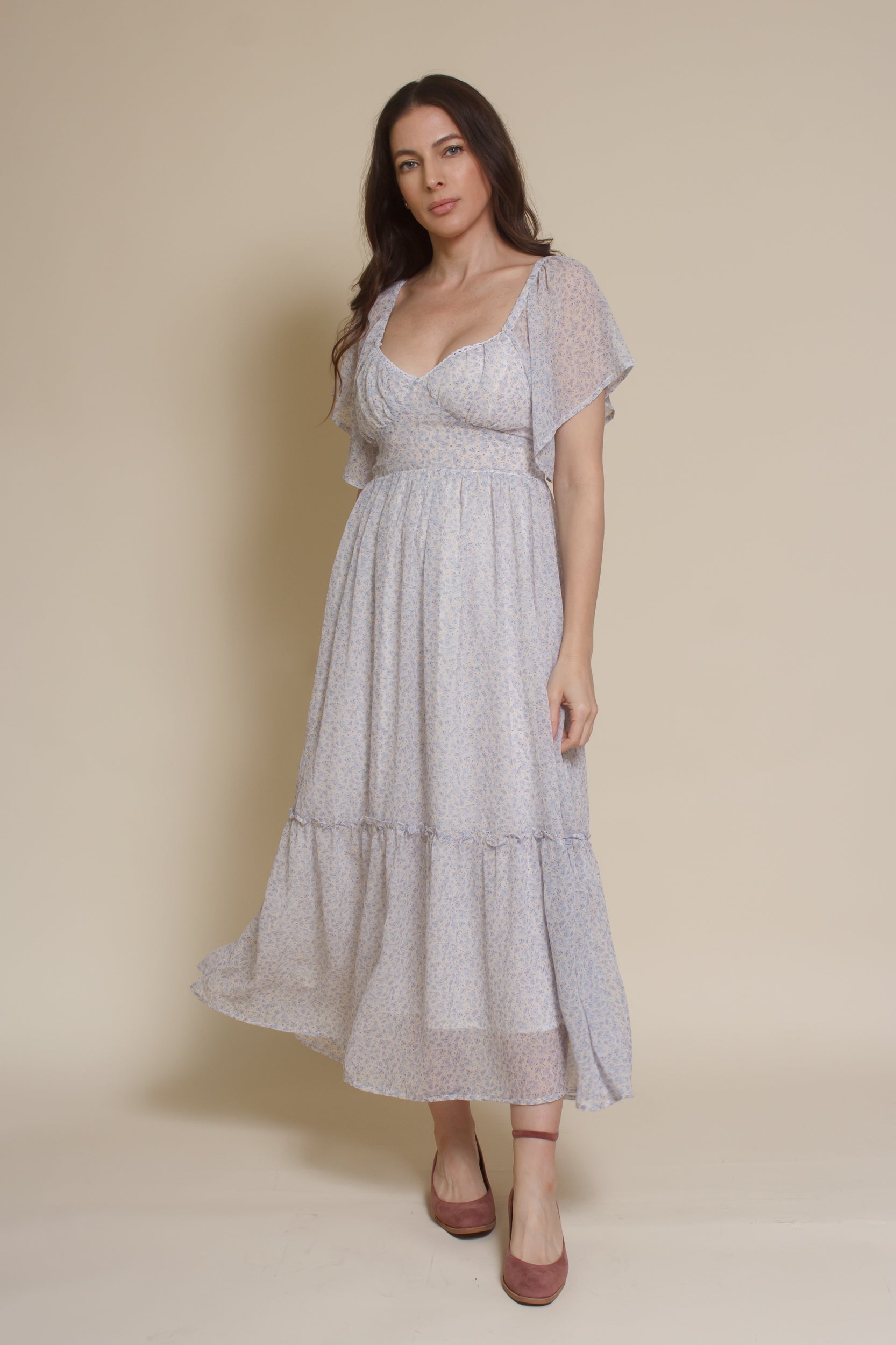 In Loom Floral Flutter Sleeve Midi Dress – Franklin Sunset