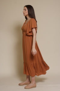 In Loom flutter sleeve smocked midi dress, in earthen.