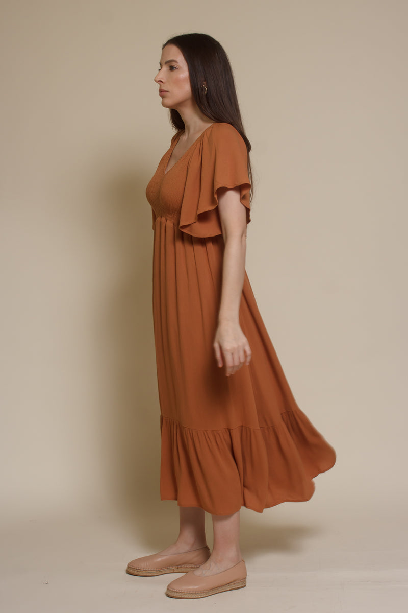 In Loom flutter sleeve smocked midi dress, in earthen.