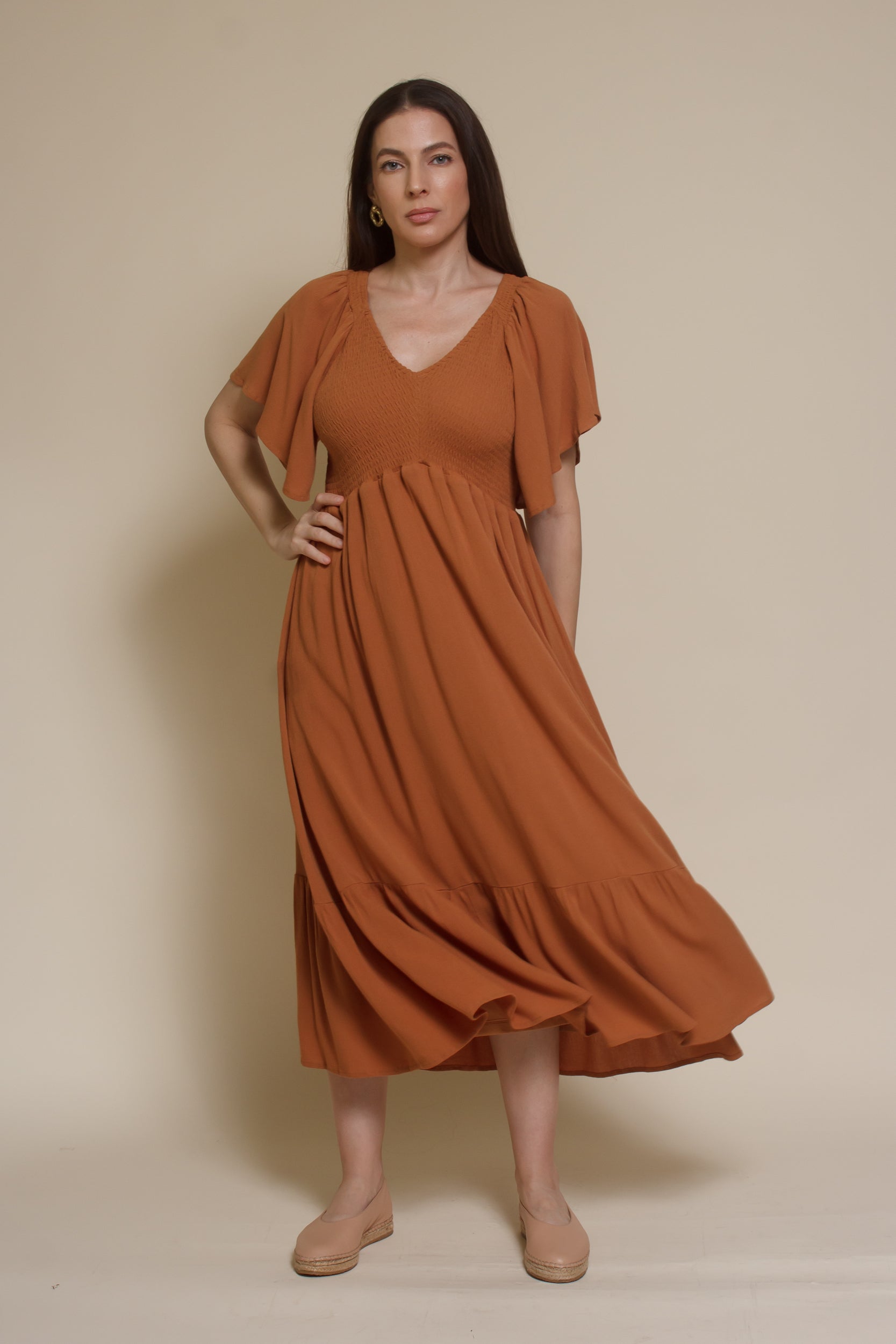 In Loom Flutter Sleeve Smocked Midi Dress- Earthen small