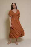 In Loom flutter sleeve smocked midi dress, in earthen.