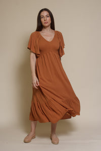 In Loom flutter sleeve smocked midi dress, in earthen.