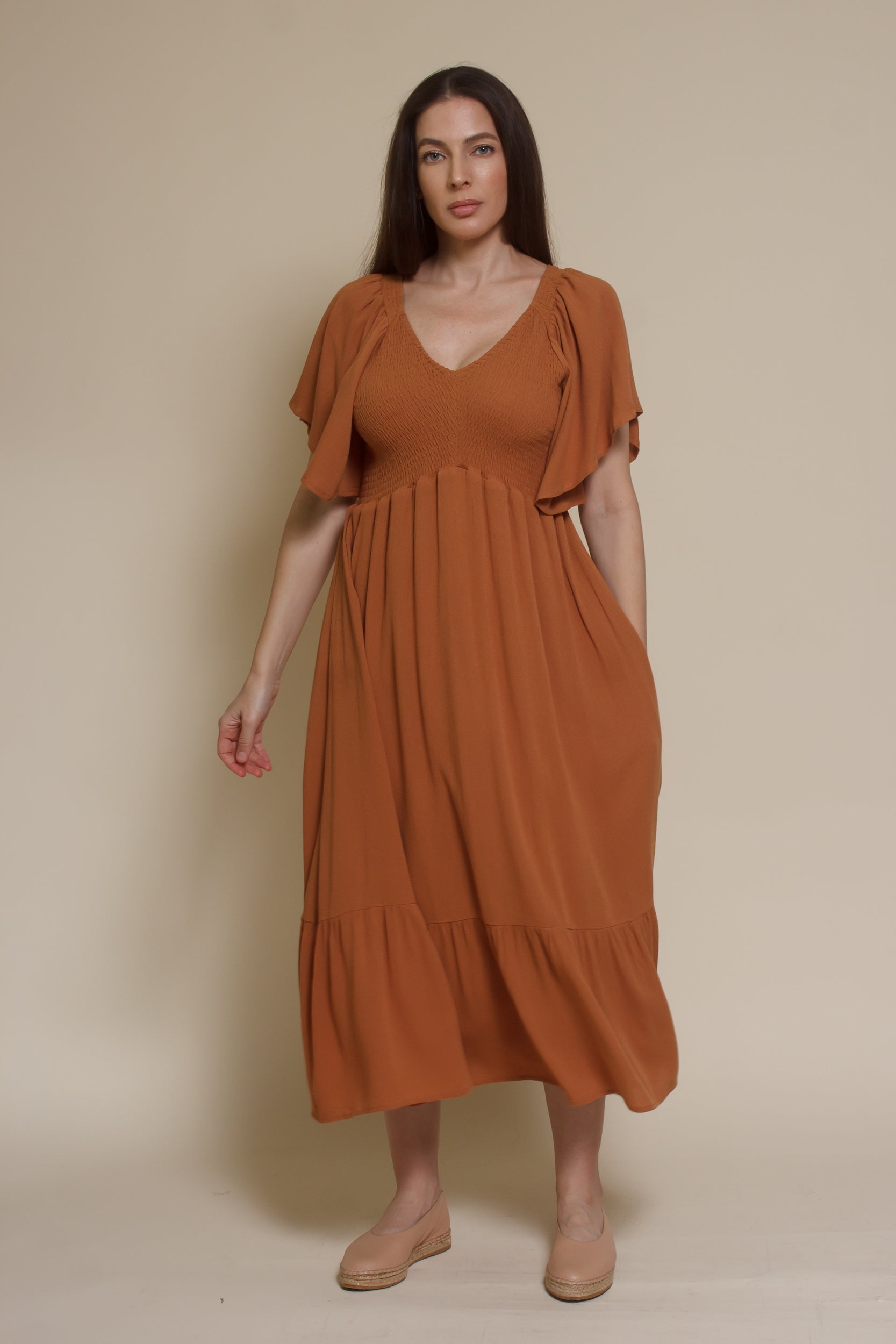 In Loom Flutter Sleeve Smocked Midi Dress- Earthen small In Loom Flutter Sleeve Smocked Midi Dress- Earthen small