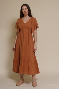 In Loom flutter sleeve smocked midi dress, in earthen.