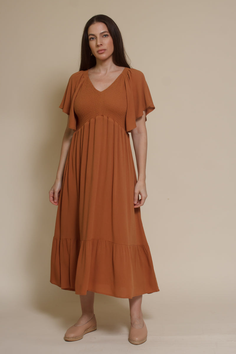 In Loom flutter sleeve smocked midi dress, in earthen.