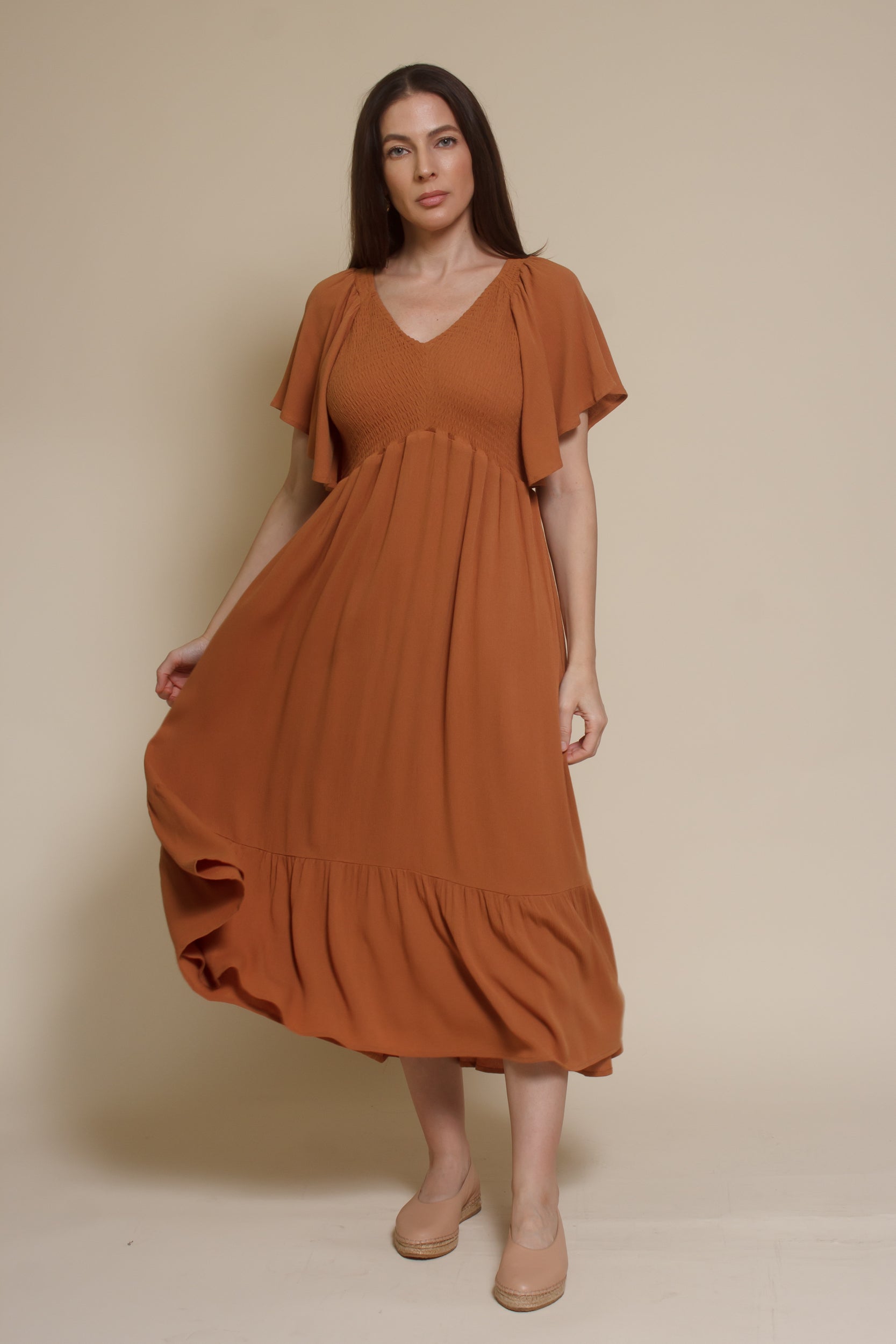 fit & flare smocked midi dress In Loom Flutter Sleeve Smocked Midi Dress- Earthen small