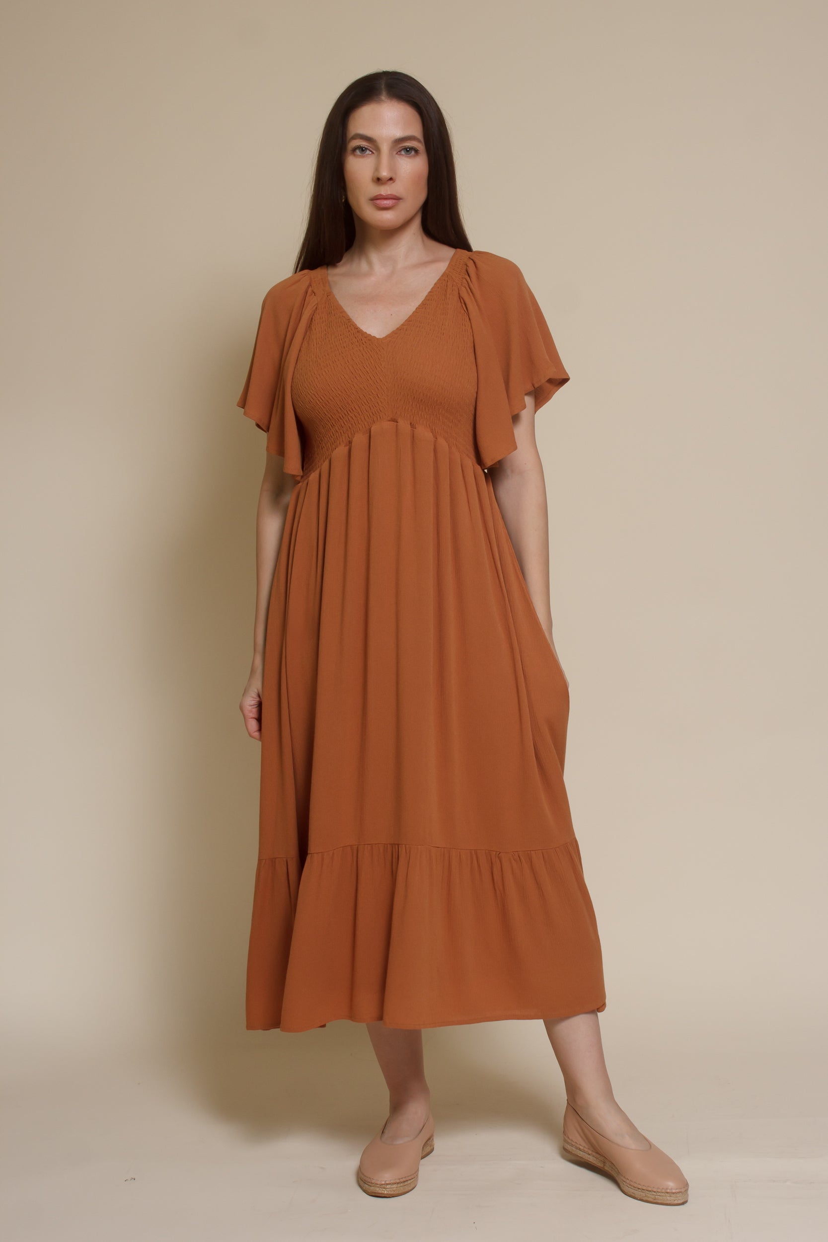 In Loom Flutter Sleeve Smocked Midi Dress- Earthen small In Loom Flutter Sleeve Smocked Midi Dress- Earthen small