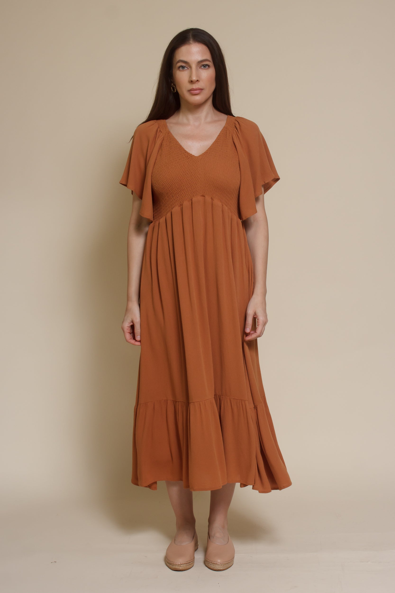 in Loom Flutter Sleeve Smocked Midi Dress- Earthen Small in Loom Flutter Sleeve Smocked Midi Dress- Earthen Small