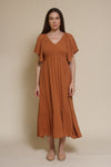 In Loom flutter sleeve smocked midi dress, in earthen.