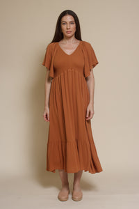 In Loom flutter sleeve smocked midi dress, in earthen.
