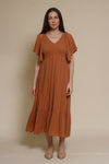 In Loom flutter sleeve smocked midi dress, in earthen.