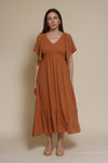 In Loom flutter sleeve smocked midi dress, in earthen.