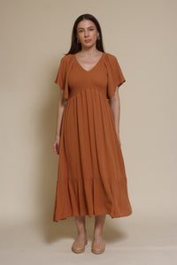In Loom flutter sleeve smocked midi dress, in earthen.